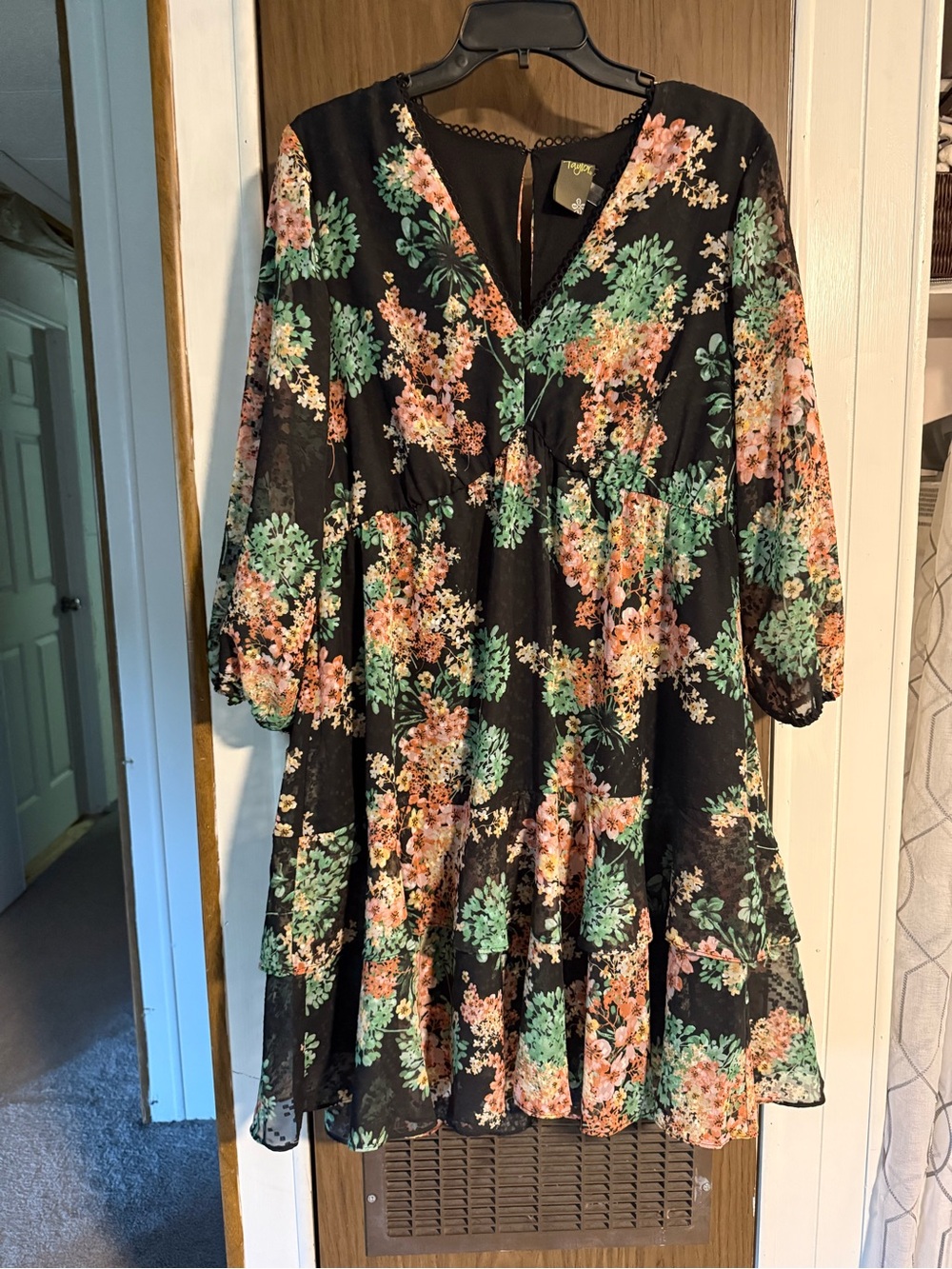 Taylor Black Dress with Green and Peach Floral Print